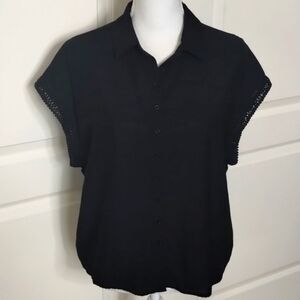 Mod Ref Button Down Top black short sleeve with cuff detail collared